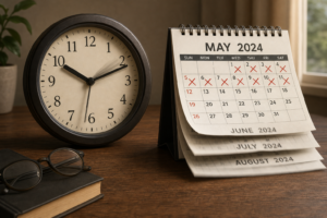 Clock beside a desk calendar showing May 2024 with several dates marked in red