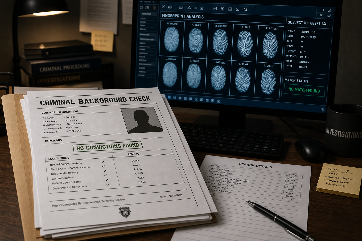 Criminal background check documents showing no convictions found, with