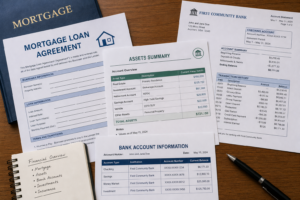 Financial documents showing a mortgage loan agreement, bank statement, assets