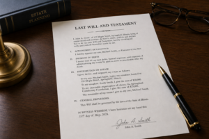 Last will and testament document on a desk with a pen, glasses, and estate planning book. Estates in Ontario