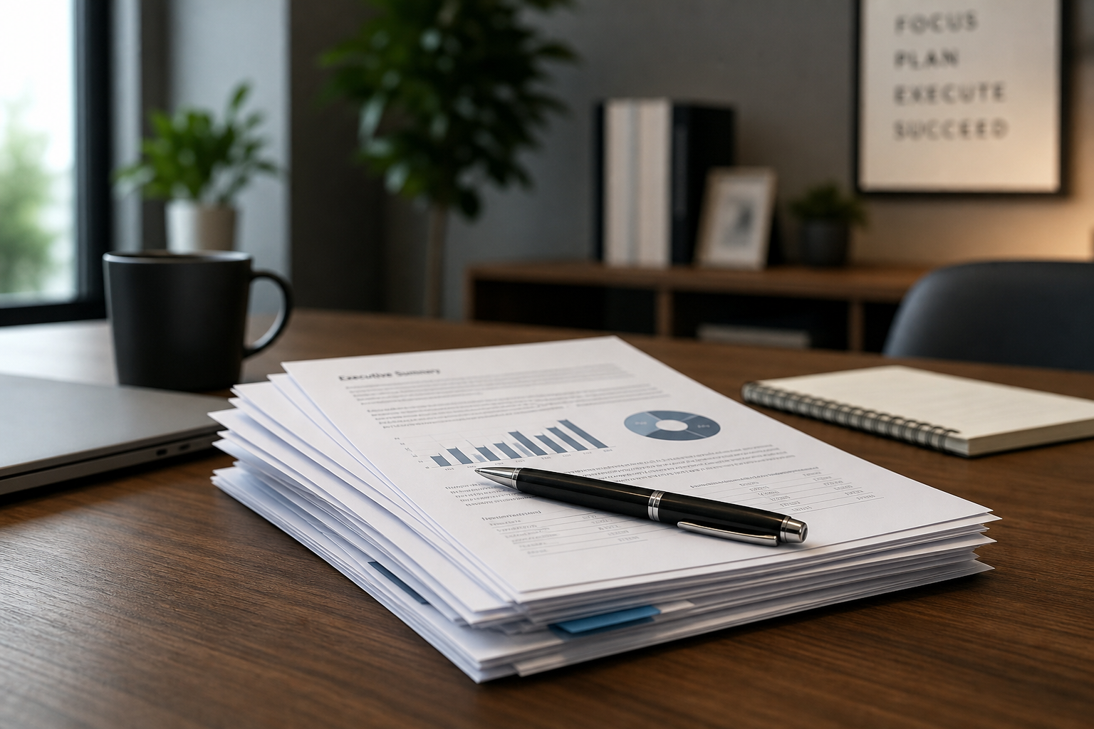 Stack of business reports with charts and a pen on a desk in an office